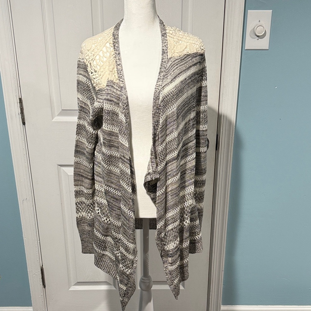 ONE WORLD Striped Gray and Cream Cardigan